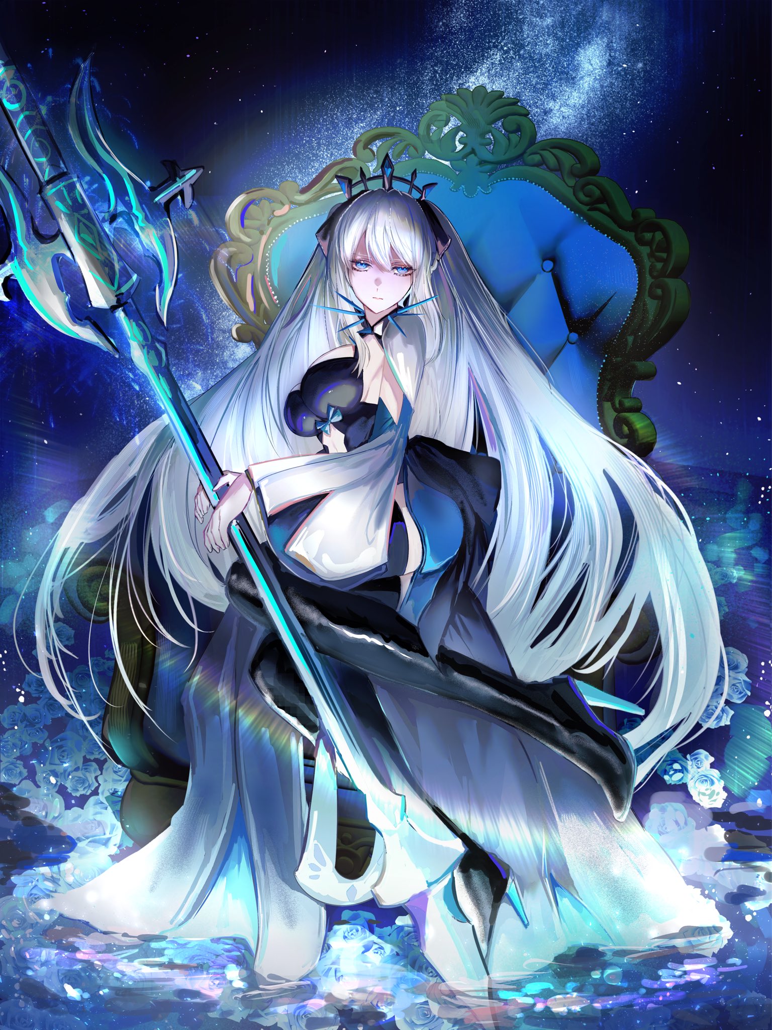 sow graden429, morgan le fay (fate), morgan le fay (third ascension) (fate), fate/grand order, fate (series), highres, 1girl, black bow, black tiara, blue eyes, bow, braid, flower, hair between eyes, hair bow, half up braid, high heels, holding, holding polearm, holding weapon, long hair, looking at viewer, polearm, ponytail, sitting, sitting on throne, solo, spikes, thighhighs, tiara, very long hair, weapon, white hair