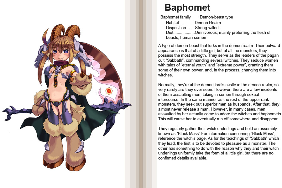 kenkou cross, baphomet (monster girl encyclopedia), baphomet (mythology), monster girl encyclopedia, hard-translated, official art, third-party edit, translated, 1girl, animal hands, character profile, english text, female focus, hooves, loli, monster girl, petite, solo