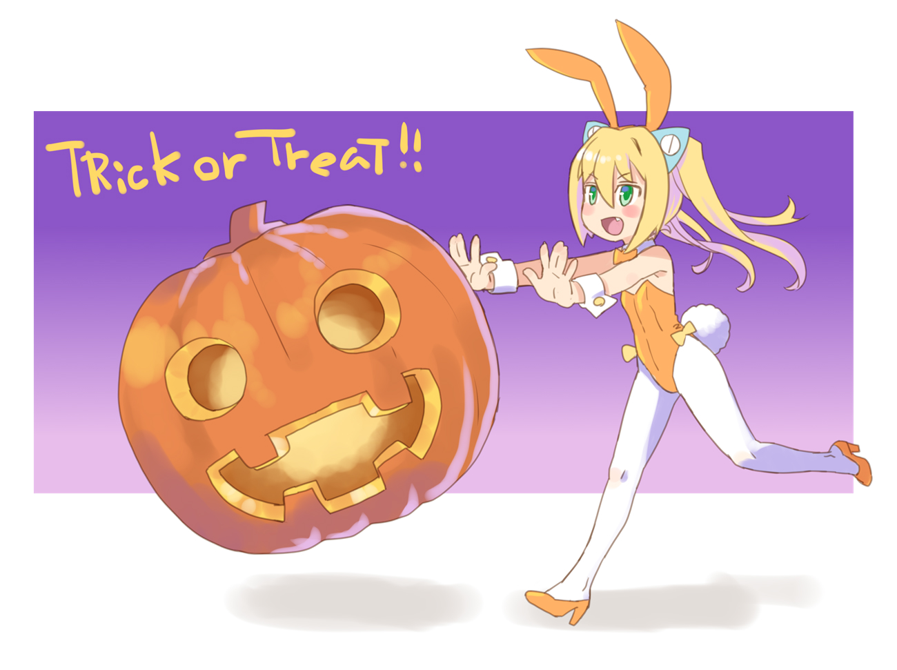 katahira masashi, original, commentary request, 1girl, animal ear hairband, animal ears, blonde hair, blue eyes, bow, bowtie, breasts, detached collar, fake animal ears, hairband, high heels, jack-o'-lantern, leotard, long hair, orange bow, orange bowtie, orange leotard, orange shoes, pantyhose, playboy bunny, pumpkin, purple background, rabbit ears, rabbit tail, running, shoes, small breasts, solo, strapless, strapless leotard, tail, trick or treat, twintails, white pantyhose, wrist cuffs