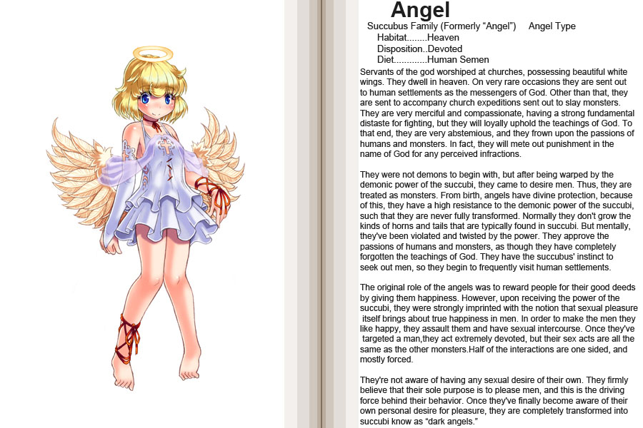 kenkou cross, angel (monster girl encyclopedia), monster girl encyclopedia, hard-translated, official art, third-party edit, translated, 1girl, angel, angel wings, blonde hair, blue eyes, blush, character profile, english text, female focus, halo, loli, low wings, monster girl, petite, ribbon, short hair, smile, solo, wings