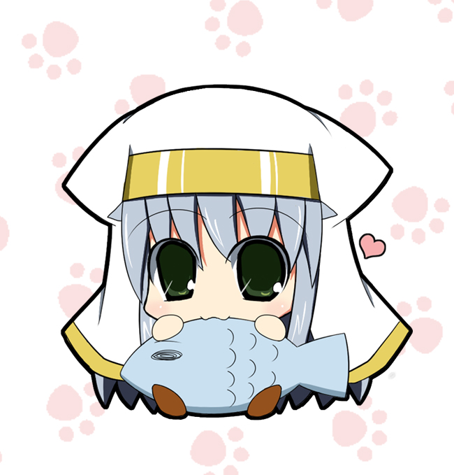 ogarasu, index (toaru majutsu no index), toaru majutsu no index, habit, bad id, bad pixiv id, 00s, :3, animal ears, animal hands, blue hair, chibi, eating, fish, green eyes, heart, kemonomimi mode, nun, paw print, robe