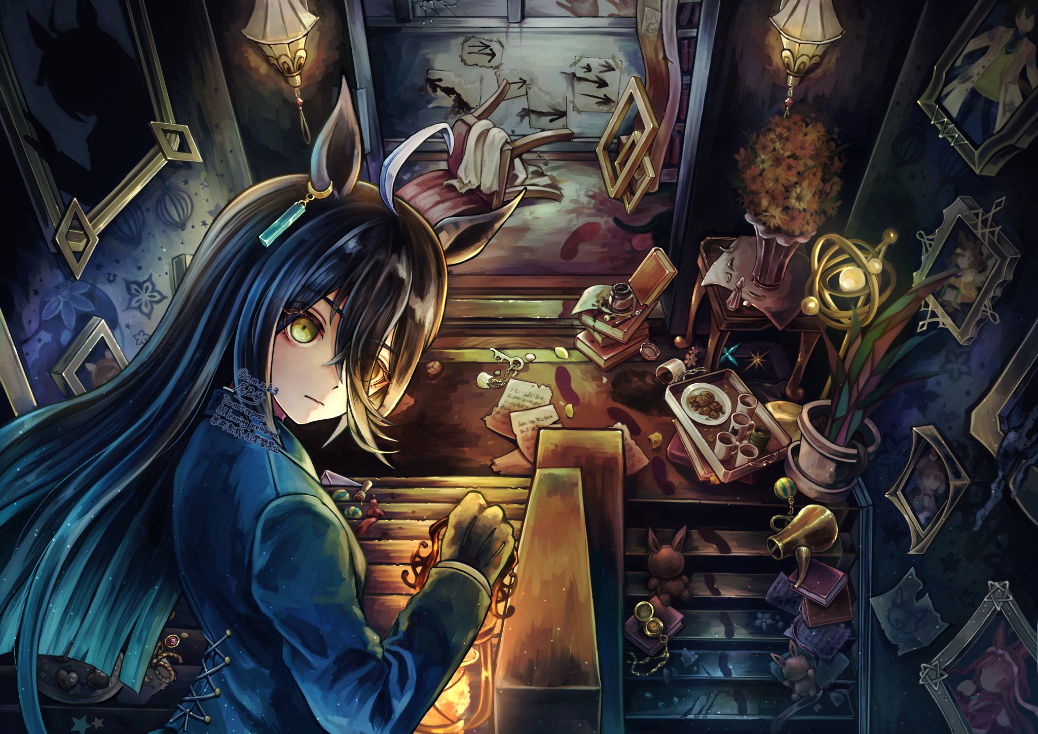 manhattan cafe (umamusume), umamusume, highres, 1girl, absurdly detailed composition, animal ears, animal print, apple wakame, arrow (symbol), black gloves, blue jacket, book, book stack, cat print, chain, chair, closed mouth, coffee pot, cup, ear ornament, ear tag, earrings, flower, footprints, gloves, holding, holding lantern, horse ears, horse girl, ink, inkwell, jacket, jewelry, key, lantern, loaded interior, long sleeves, looking at viewer, mug, nib pen (object), painting (object), paper, pen, plant, plate, pocket watch, potted plant, single earring, solo, stairs, stuffed animal, stuffed toy, tablecloth, tray, vase, wall lamp, watch, watermark, white flower, yellow flower