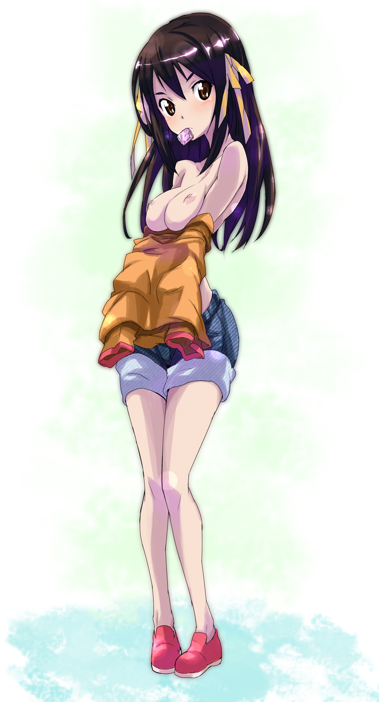 toru k, suzumiya haruhi, suzumiya haruhi (young), suzumiya haruhi no yuuutsu, bad id, bad pixiv id, highres, 00s, 1girl, aged down, bare shoulders, breasts, brown eyes, brown hair, condom, condom in mouth, denim, denim shorts, female focus, hair ribbon, long hair, long legs, mouth hold, nipples, no bra, off shoulder, orange shirt, pigeon-toed, ribbon, shirt, shorts, solo, standing, undressing