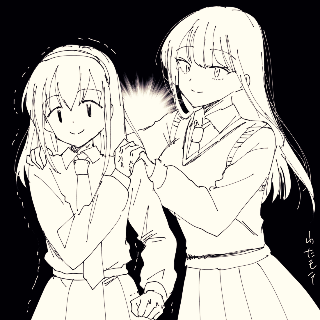 numachi doromaru, katou asuka, satozaki kiko, watashi ga motenai no wa dou kangaetemo omaera ga warui!, 2girls, black hair, collared shirt, greyscale, long hair, long sleeves, monochrome, multiple girls, necktie, pleated skirt, purple necktie, school uniform, shirt, skirt, smile, yellow skirt