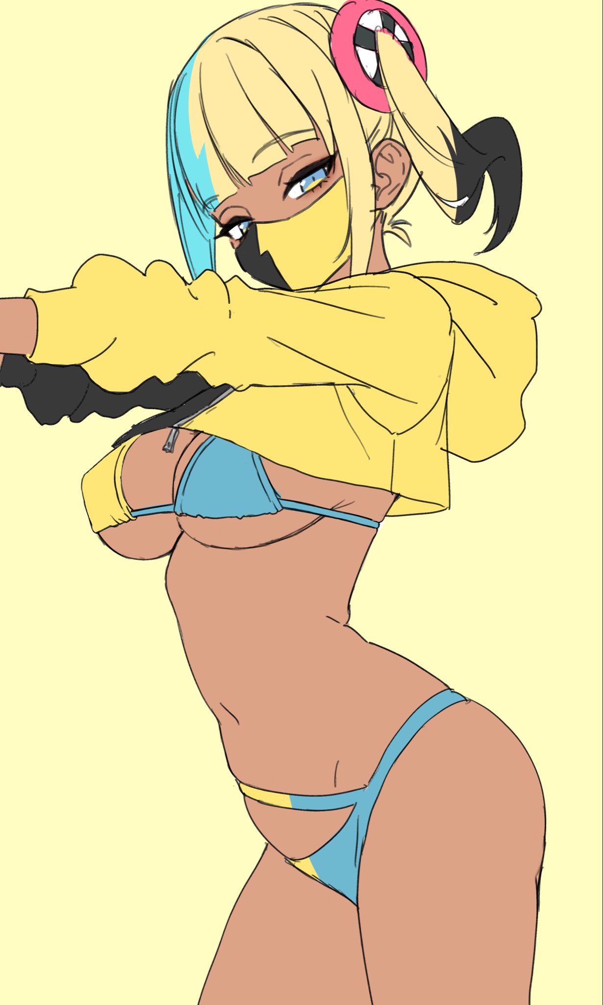 canari (pokemon), nintendo, pokemon, pokemon legends: z-a, highres, 1girl, bikini, blonde hair, blue eyes, blue hair, breasts, character hair ornament, cleavage, cowboy shot, cropped hoodie, dark-skinned female, dark skin, hair ornament, hood, hoodie, large breasts, looking at viewer, mask, mouth mask, multicolored bikini, multicolored hair, navel, outstretched arms, simple background, solo, split-color hair, stomach, swimsuit, thatdogbow, thighs, two-tone bikini, yellow background