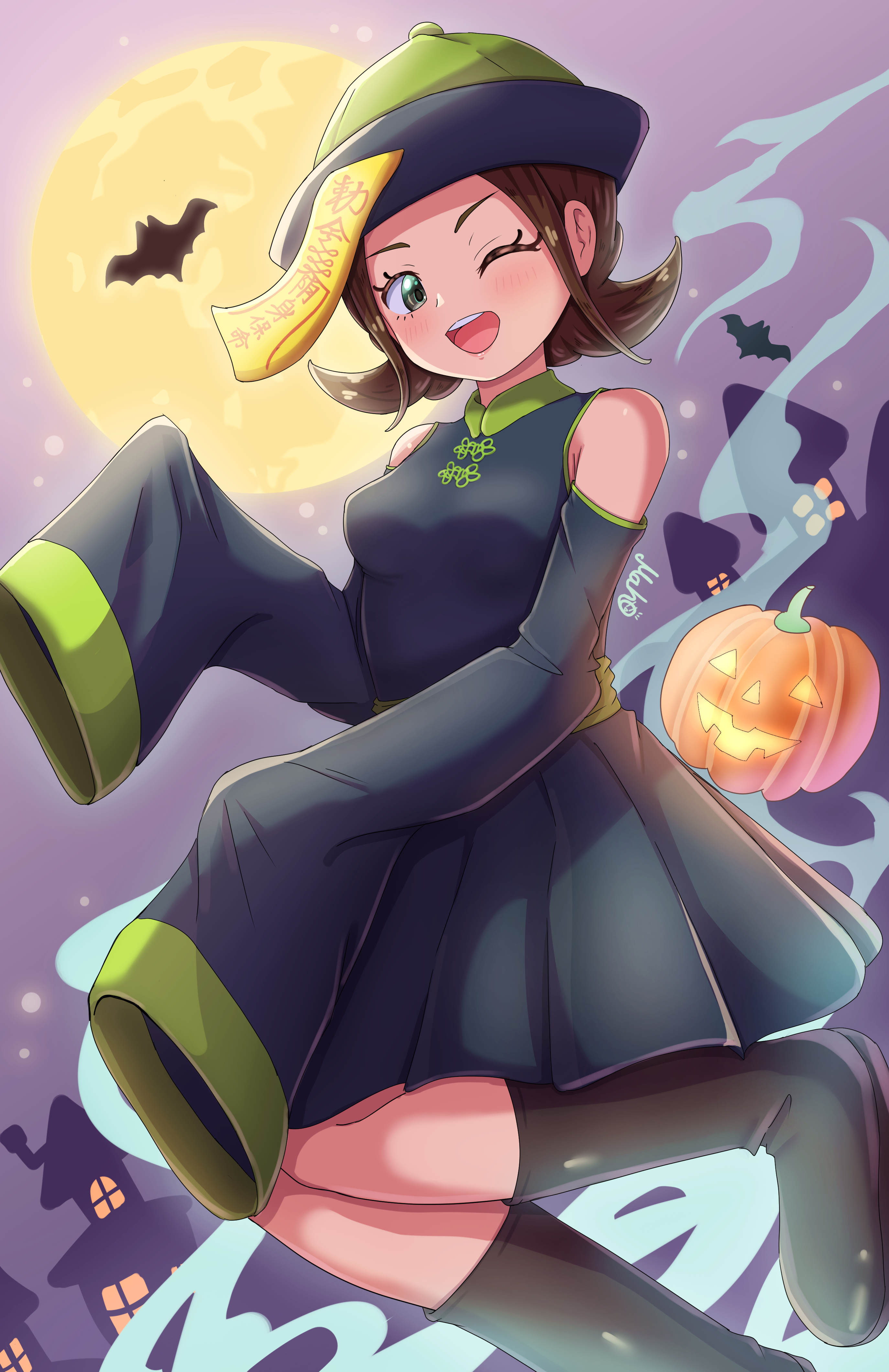 maho (corotonton5150), harmony (pokemon), nintendo, pokemon, pokemon legends: z-a, absurdres, highres, 1girl, ;d, alternate costume, bare shoulders, boots, breasts, brown hair, detached sleeves, dress, eyelashes, happy, hat, jack-o'-lantern, knees together feet apart, light blush, moon, night, one eye closed, open mouth, outdoors, pleated dress, sidelocks, silhouette, sky, sleeves past fingers, sleeves past wrists, smile, teeth, upper teeth only