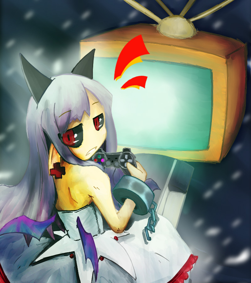 another13, pram (phantom kingdom), nippon itchi software, phantom kingdom, bad id, bad pixiv id, 1girl, bat wings, black sclera, colored sclera, controller, cuffs, female focus, game console, game controller, red eyes, shackles, solo, television, wings