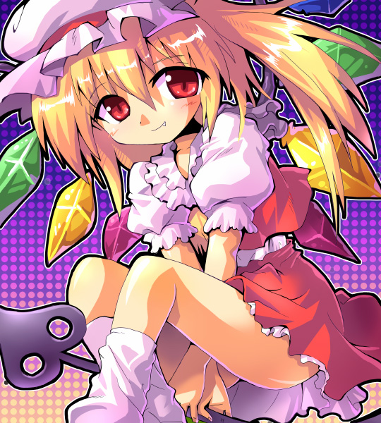 kurogarasu, flandre scarlet, touhou, 1girl, ass, blonde hair, blouse, fang, female focus, gradient background, hair between eyes, hat, head tilt, laevatein, mob cap, purple background, red eyes, shirt, solo, vampire, white hat, white shirt, wings