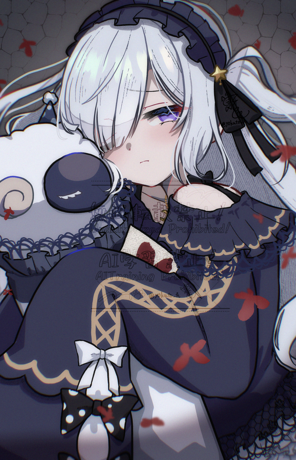 yokuto, natsume an-an, mahou shoujo no majo saiban, commentary request, highres, 1girl, bow, bug, butterfly, closed mouth, gothic lolita, grey background, hair over one eye, hairband, hugging object, insect, lolita fashion, lolita hairband, long hair, long sleeves, looking at viewer, lying, on side, one eye closed, one side up, pillow, pillow hug, polka dot, polka dot bow, purple eyes, red butterfly, sleeves past fingers, sleeves past wrists, solo, stuffed animal, stuffed sheep, stuffed toy, upper body