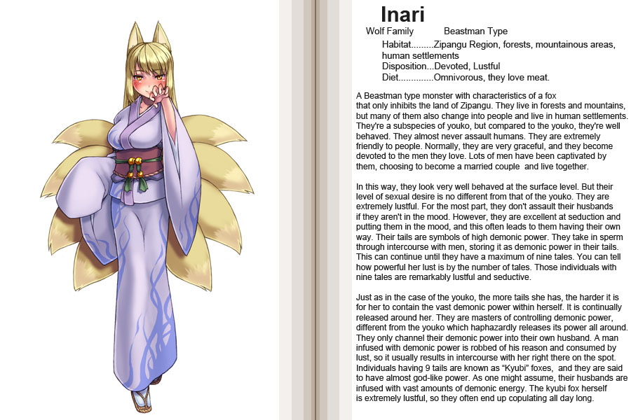 kenkou cross, inari, inari (monster girl encyclopedia), monster girl encyclopedia, hard-translated, official art, third-party edit, translated, 1girl, animal ears, blonde hair, blush, breasts, character profile, collarbone, english text, female focus, fox ears, fox girl, fox tail, japanese clothes, kimono, kitsune, large breasts, monster girl, multiple tails, orange eyes, sandals, solo, tail, typo, yellow eyes