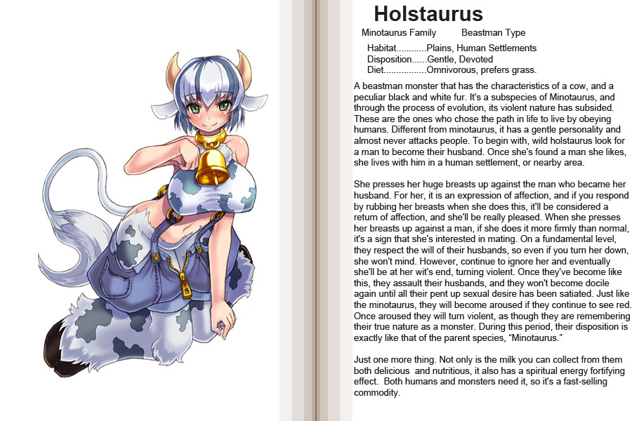 kenkou cross, holstaur (monster girl encyclopedia), monster girl encyclopedia, fur, hard-translated, official art, third-party edit, translated, 1girl, animal ears, animal print, bare shoulders, bell, blush, breasts, character profile, collar, cow ears, cow girl, cow print, english text, female focus, green eyes, grey hair, horns, huge breasts, kneeling, large breasts, midriff, minotaur, monster girl, multicolored hair, neck bell, shirt, short hair, smile, solo, suspenders, tail, taut clothes, taut shirt, two-tone hair, white hair, zipper