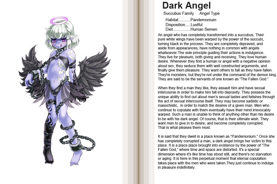 kenkou cross, dark angel, dark angel (monster girl encyclopedia), monster girl encyclopedia, silver hair, hard-translated, official art, third-party edit, translated, 1girl, :d, angel, angel wings, bare shoulders, black wings, chain, character profile, colored skin, corruption, demon girl, english text, fallen angel, flat chest, halo, loli, midriff, monster girl, navel, open mouth, petite, purple skin, red eyes, smile, tattoo, tongue, wings