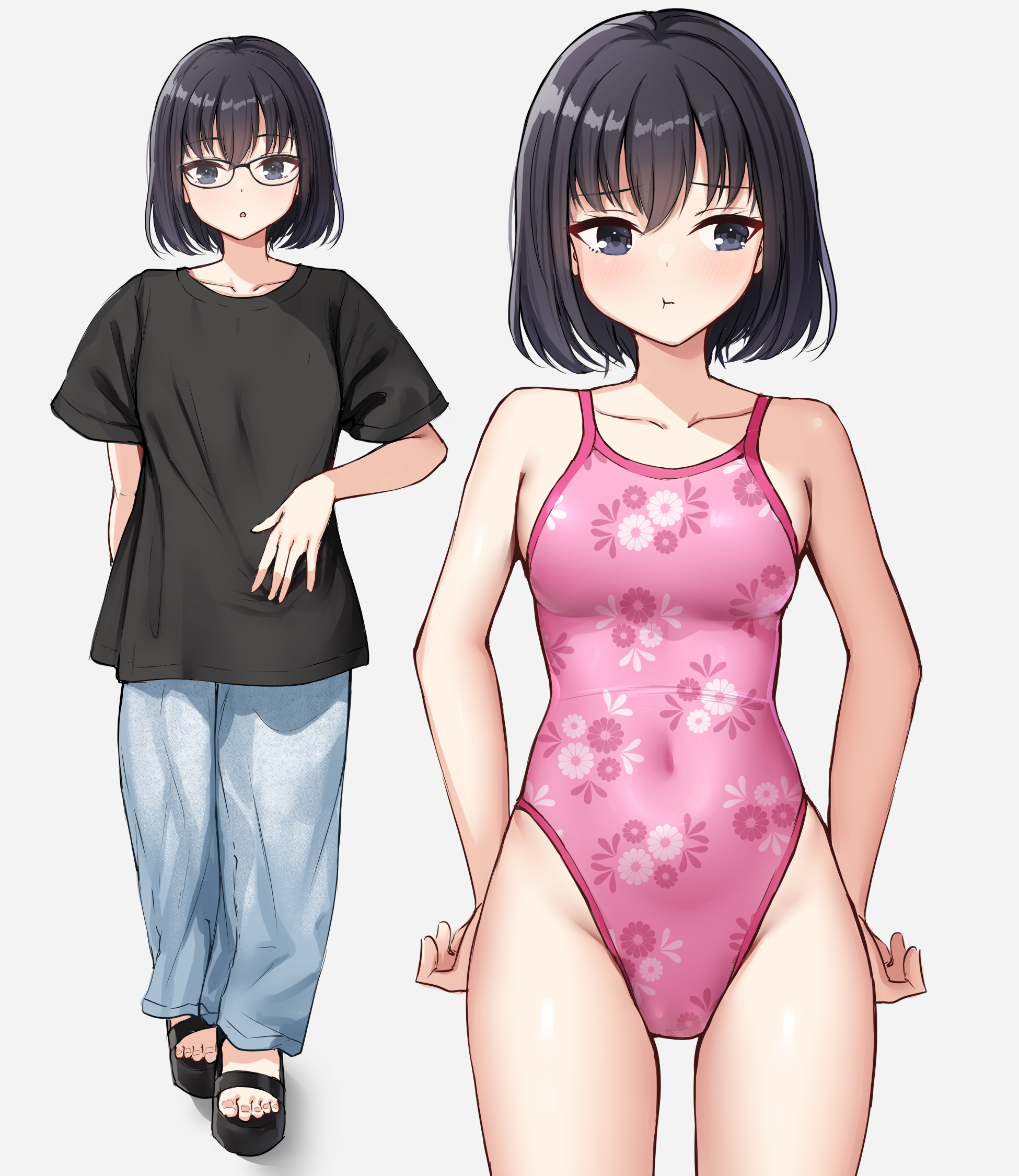 ncontrail (mgax7527), original, commentary request, highres, 1girl, black eyes, black hair, black shirt, blue pants, bob cut, breasts, competition swimsuit, covered navel, cowboy shot, facing viewer, floral print, full body, glasses, hands on own hips, looking at viewer, medium breasts, multiple views, one-piece swimsuit, pants, pink one-piece swimsuit, sandals, shirt, short hair, sideways glance, swimsuit