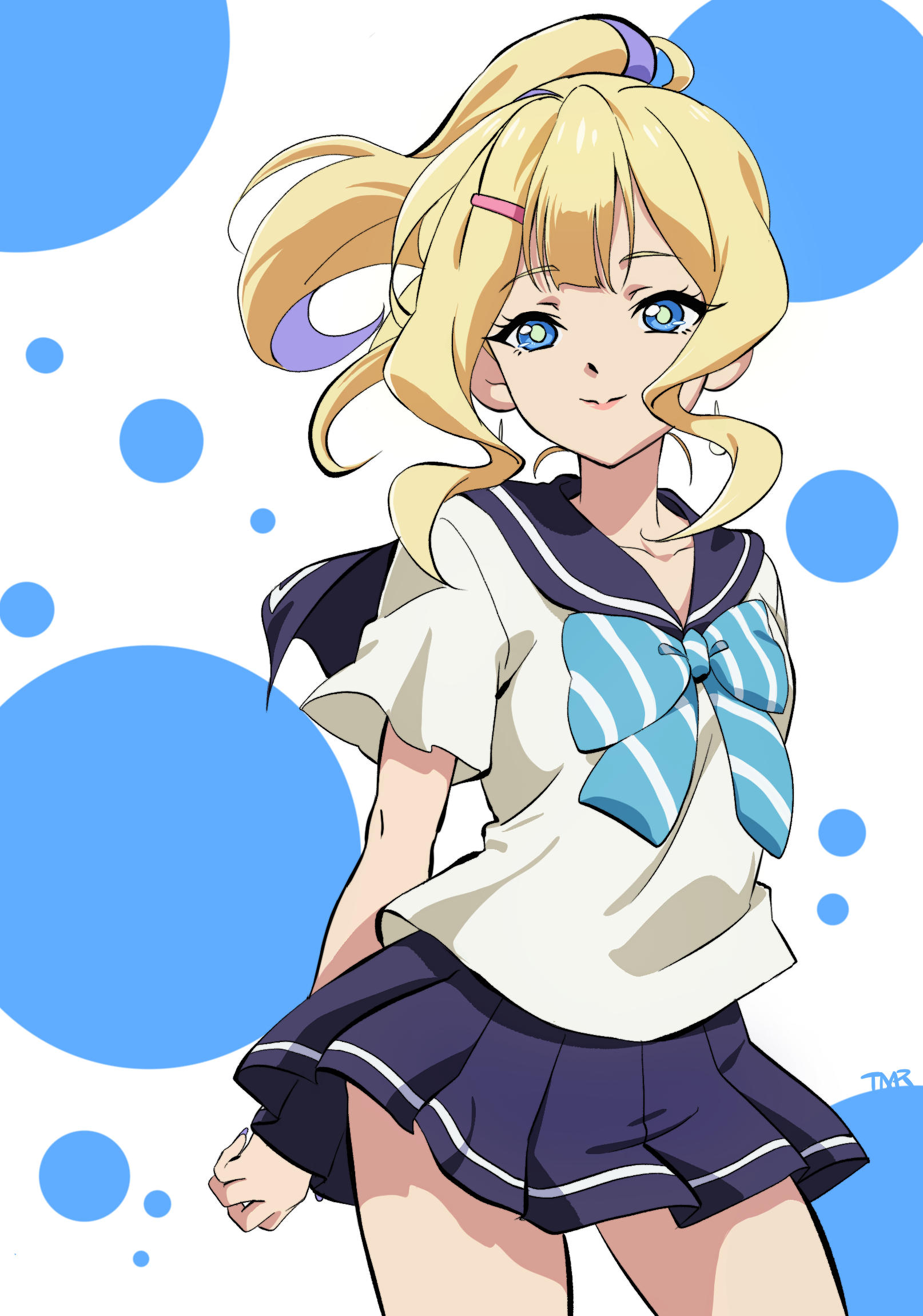 takanashi tsubasa (shadowverse flame), shadowverse, shadowverse (animated series), shadowverse flame, highres, 1girl, anime coloring, aqua bow, aqua bowtie, blonde hair, blue eyes, bow, bowtie, closed mouth, hair ornament, hairpin, high ponytail, multicolored hair, ponytail, purple hair, purple sailor collar, purple skirt, sailor collar, school uniform, shirt, skirt, solo, striped bow, striped bowtie, striped clothes, tmr msho, white shirt