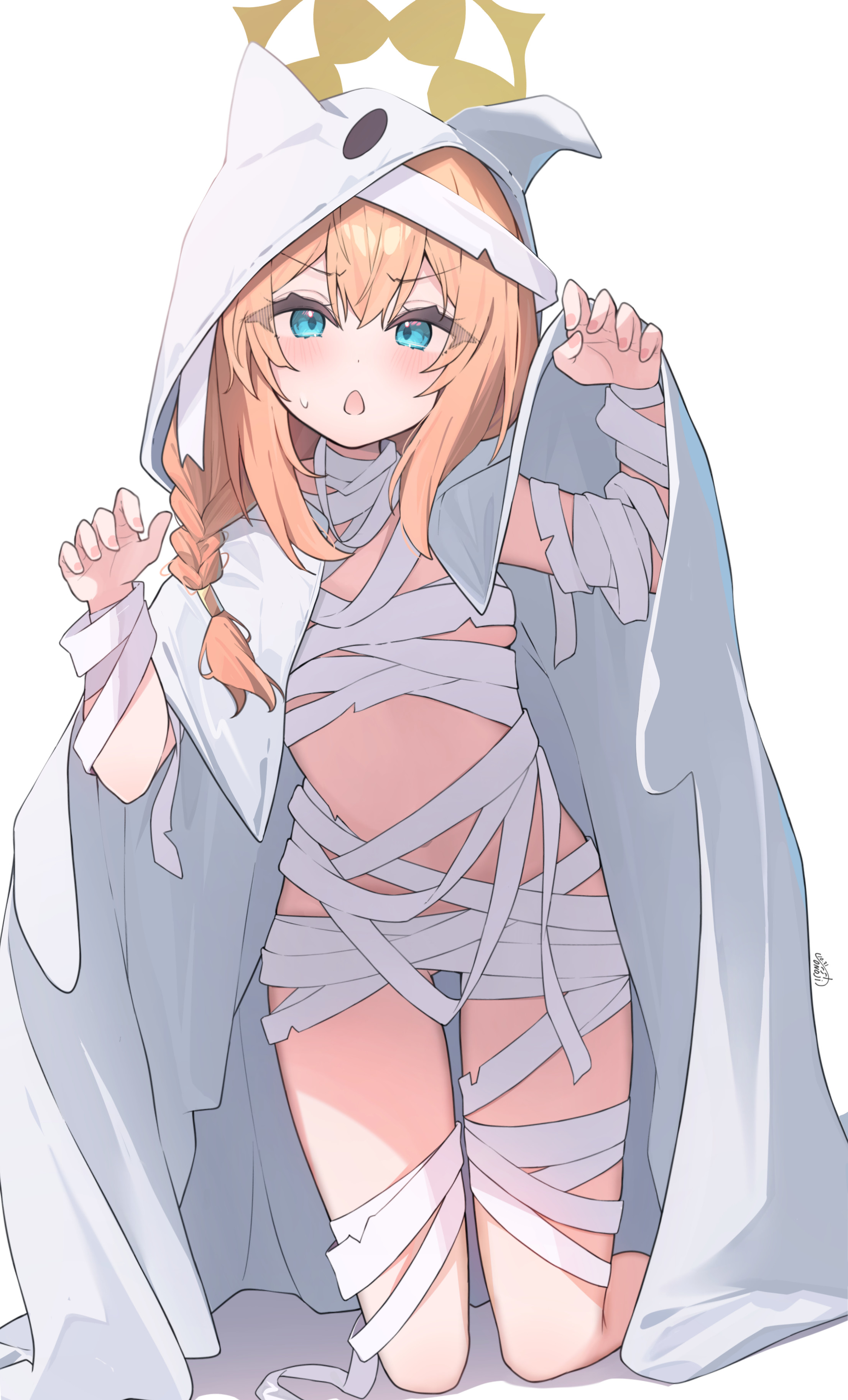 sonoji, mari (blue archive), blue archive, absurdres, commentary, highres, 1girl, animal ears, bandaged arm, bandaged chest, bandaged head, bandaged leg, bandaged neck, bandages, blue eyes, breasts, cat ears, cat girl, long hair, looking at viewer, navel, orange hair, simple background, small breasts, solo, thighs, white background