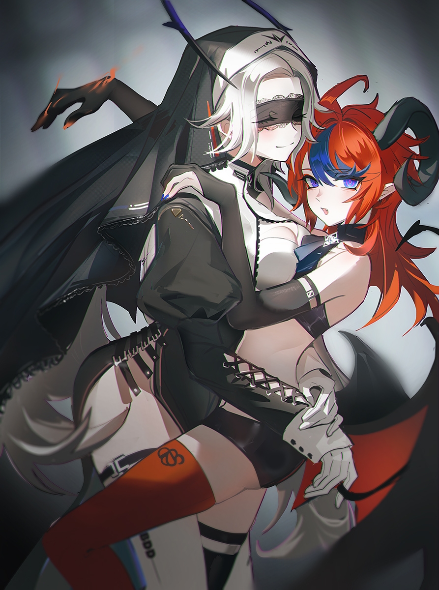 kaede1231, aotsuki eito, sumino takumi, the hundred line -last defense academy-, chinese commentary, commentary request, highres, 2girls, alternate costume, asymmetrical docking, asymmetrical gloves, black dress, black thighhighs, black veil, blue nails, breast press, breasts, cleavage cutout, clothing cutout, demon girl, demon horns, demon wings, dress, elbow gloves, eyes visible through eyewear, fang, flat chest, genderswap, genderswap (mtf), gloves, grey background, horns, juliet sleeves, lace-trimmed blindfold, long hair, long sleeves, looking at viewer, low wings, medium breasts, medium hair, mismatched gloves, mismatched thighhighs, multiple girls, nun, partially fingerless gloves, puffy sleeves, red thighhighs, sleeveless, straddling, thigh straddling, thighhighs, upright straddle, veil, very long hair, white thighhighs, wings, yuri