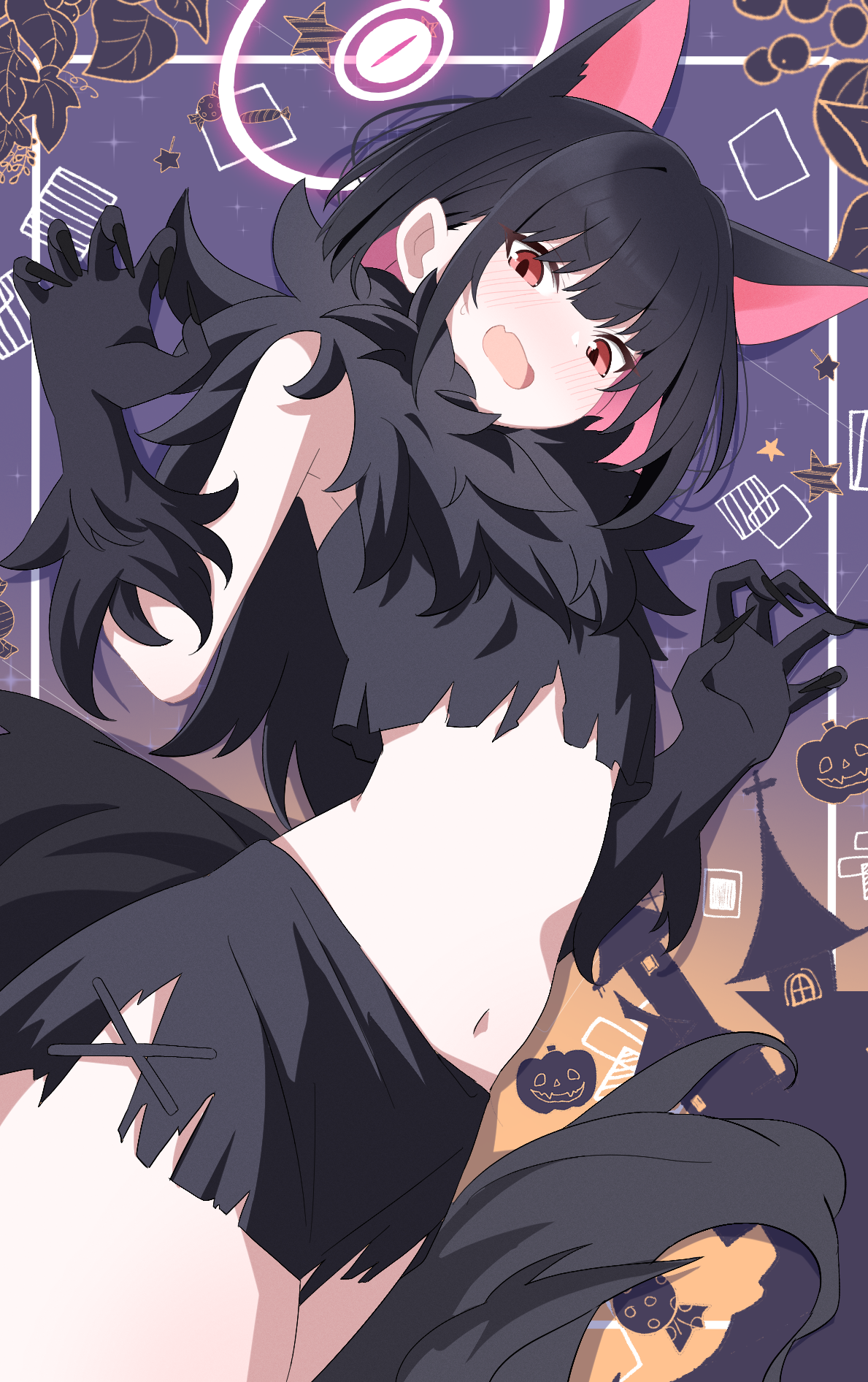 sasanoha (sasanoha0712), kazusa (blue archive), kazusa (halloween) (blue archive), blue archive, commentary, highres, 1girl, animal ears, black hair, cat ears, colored inner animal ears, colored inner hair, extra ears, fur-trimmed gloves, fur scarf, fur trim, gloves, halo, looking at viewer, multicolored hair, official alternate costume, open mouth, paw pose, pink eyes, pink hair, pink halo, pumpkin, skirt, solo, torn clothes, torn skirt, werewolf costume