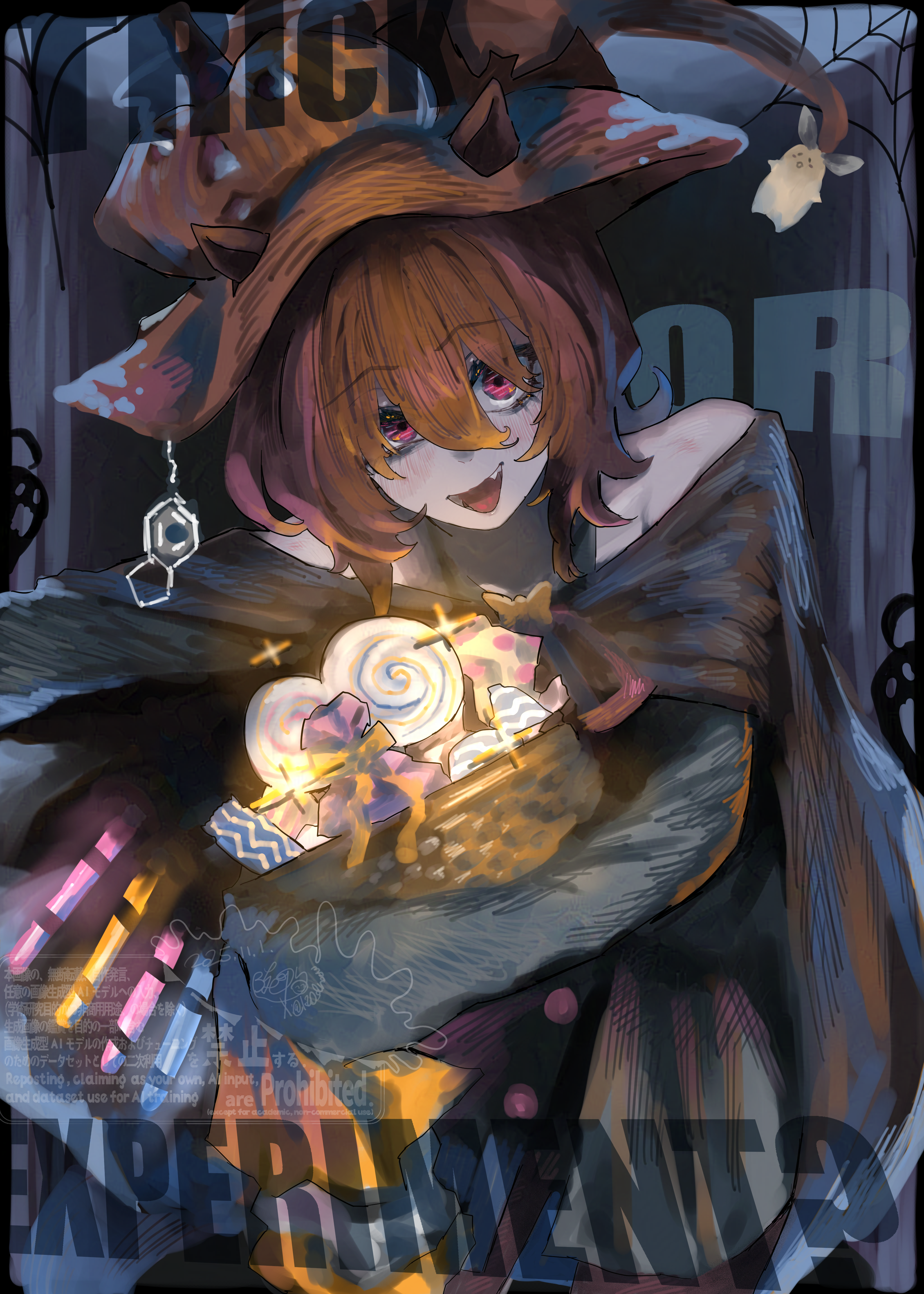 rinka (tonariuta), agnes tachyon (umamusume), umamusume, absurdres, commentary request, highres, 1girl, alternate costume, animal ears, bare shoulders, basket, black cape, black shirt, brown hair, candy, cape, chemical structure, ears through headwear, english text, food, hair between eyes, halloween, halloween costume, hat, holding, holding basket, horse ears, horse girl, long sleeves, looking at viewer, medium hair, open mouth, red eyes, shirt, smile, solo, teeth, test tube, witch hat