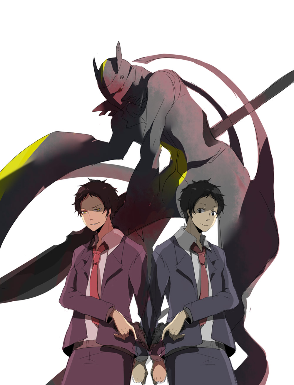 tea47lipts, adachi tooru, magatsu izanagi, shadow (persona), atlus, persona, persona 4, bad id, bad pixiv id, highres, spoilers, 2boys, dark persona, dual persona, gun, male focus, multiple boys, necktie, simple background, weapon, white background, yellow eyes