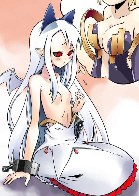 kaeru kenshi, pram (phantom kingdom), salome (phantom kingdom), disgaea, nippon ichi, phantom kingdom, bad id, bad pixiv id, 2girls, bat wings, black sclera, breast envy, breasts, cleavage, colored sclera, cuffs, flat chest, horns, imagining, loli, multiple girls, nipples, red eyes, shackles, small breasts, topless female, white hair, wings