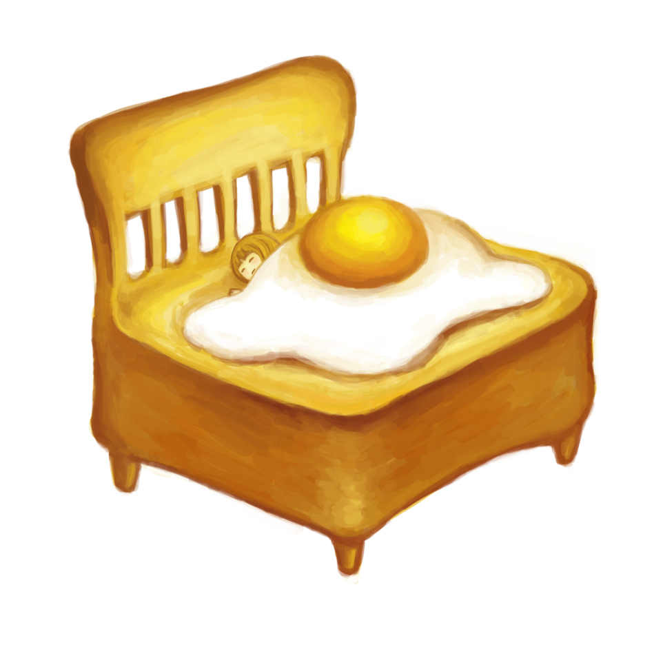 nona drops, bad id, bad pixiv id, 1girl, bed, blonde hair, bread, bread slice, closed eyes, egg, egg (food), female focus, food, fried egg, fried egg on toast, short hair, sleeping, solo, toast, what