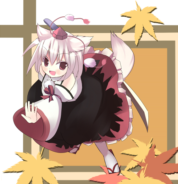 tsunono, inubashiri momiji, touhou, silver hair, 1girl, animal ears, detached sleeves, female focus, geta, short hair, solo, tail, wolf ears