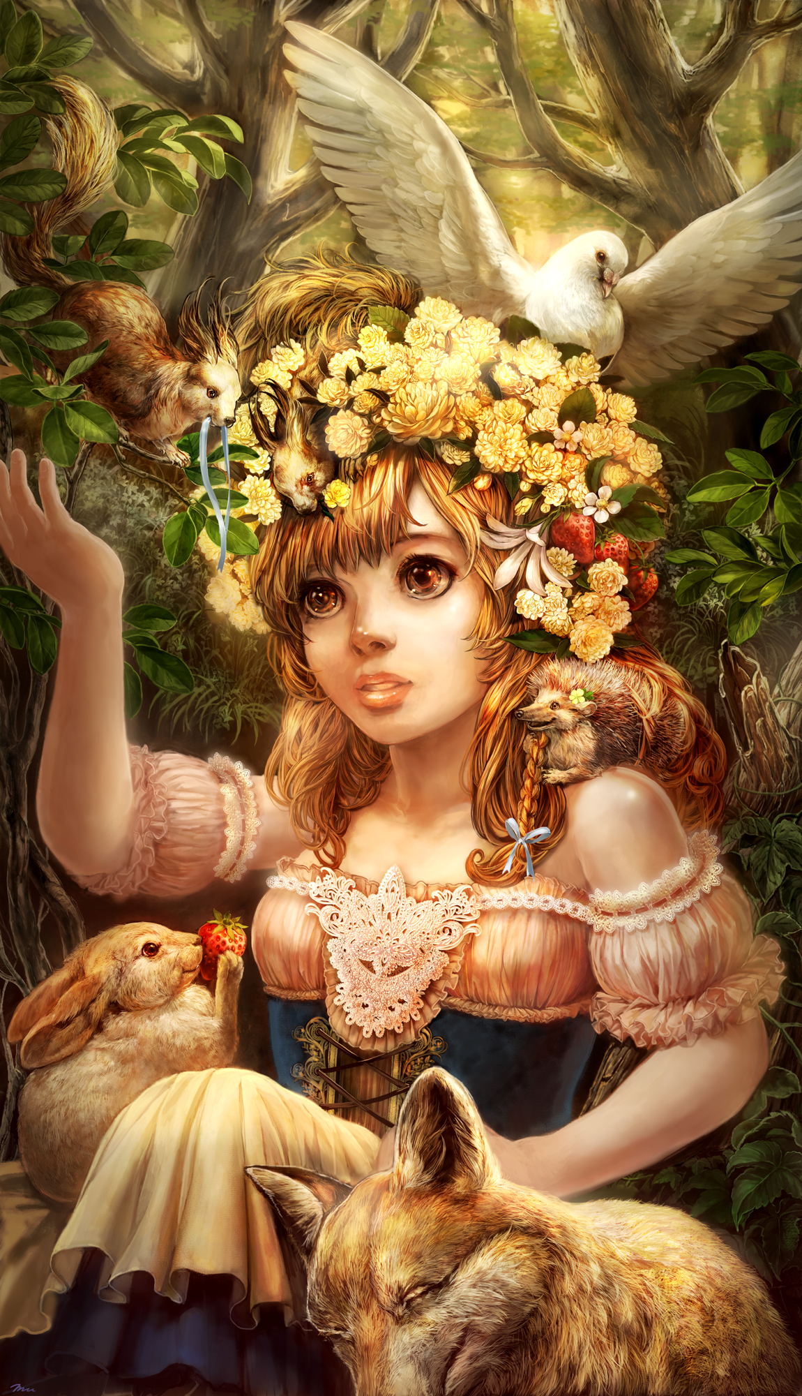 umedama, umedama riko, original, flower request, highres, 1girl, bare shoulders, bird, blonde hair, braid, brown eyes, detached sleeves, dress, female focus, flower, food, food as clothes, fox, fruit, hair ribbon, hedgehog, long hair, nature, rabbit, ribbon, solo, squirrel, strawberry, strawberry blossoms