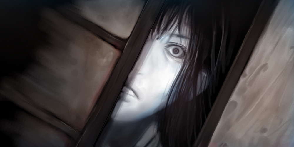 hirokiku, original, 1girl, black hair, constricted pupils, creepy, dutch angle, female focus, frown, horror (theme), pale skin, peeking, solo, staring