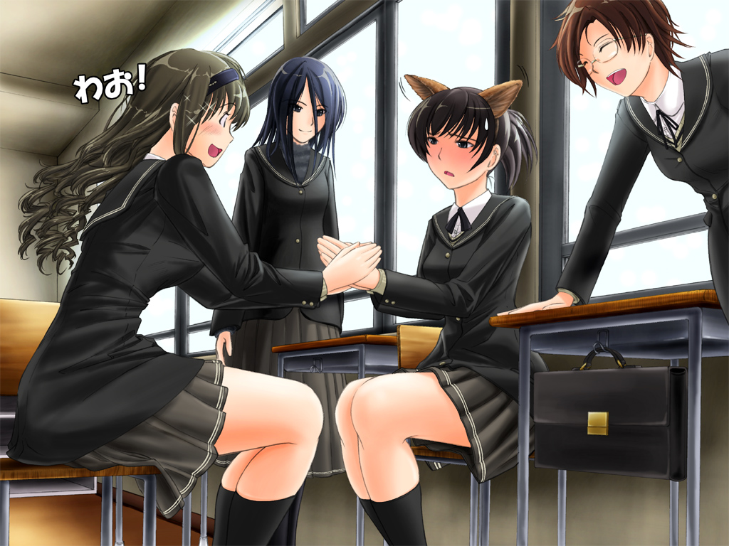 hiba manaka, morishima haruka, tsukahara hibiki, yuzuki ruriko, amagami, animal ears, black hair, blazer, brown hair, classroom, desk, glasses, headband, indoors, jacket, long hair, pleated skirt, ponytail, school, school desk, school uniform, short hair, skirt