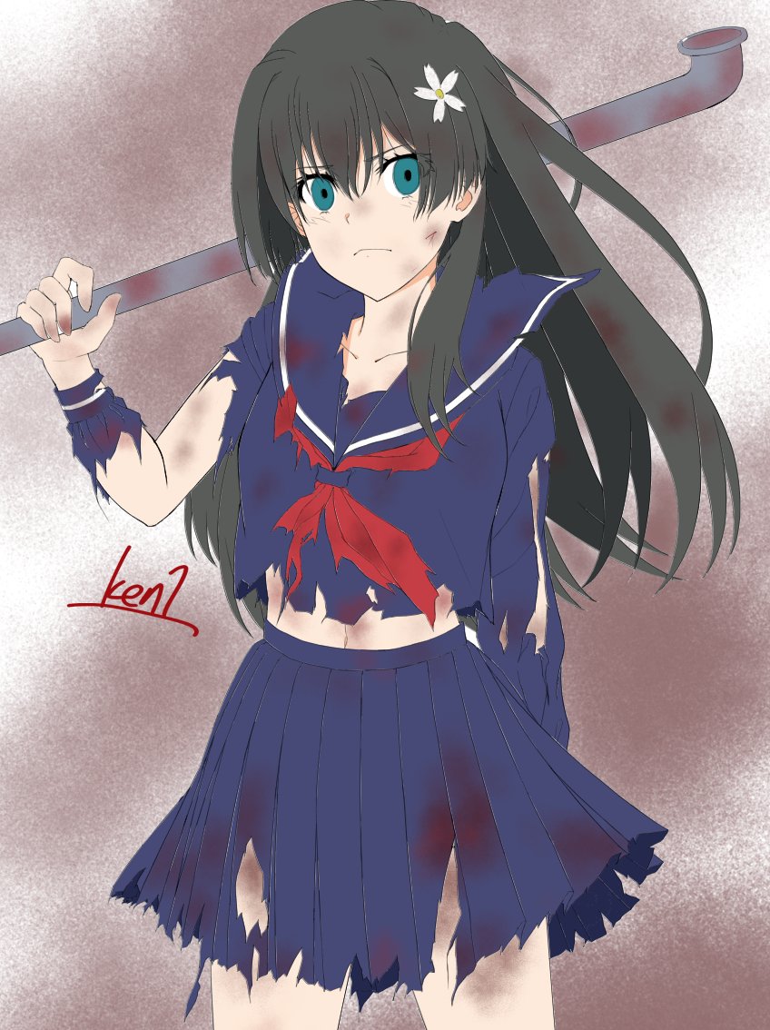 ken'ichi (silvian125jp), saten ruiko, toaru kagaku no railgun, toaru majutsu no index, 1girl, black hair, blood, blood on clothes, blue eyes, blue sailor collar, blue serafuku, blue shirt, blue skirt, holding, holding lead pipe, lead pipe, long hair, neckerchief, pleated skirt, red neckerchief, sailor collar, sakugawa school uniform, school uniform, serafuku, shirt, skirt, solo, torn clothes, winter uniform