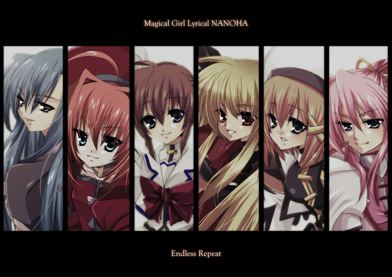 akira tsukiryuu, kuko (endless-repeat), fate testarossa, ginga nakajima, signum, takamachi nanoha, vita (nanoha), yagami hayate, lyrical nanoha, mahou shoujo lyrical nanoha, mahou shoujo lyrical nanoha a's, mahou shoujo lyrical nanoha strikers, 00s, 6+girls, beret, blonde hair, blue eyes, brown hair, hat, multiple girls, pink hair, purple eyes, red eyes, red hair