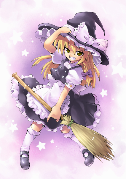 kurogarasu, kirisame marisa, touhou, 1girl, blonde hair, braid, broom, female focus, full body, gradient background, hair ribbon, hat, ribbon, solo, witch, witch hat, yellow eyes