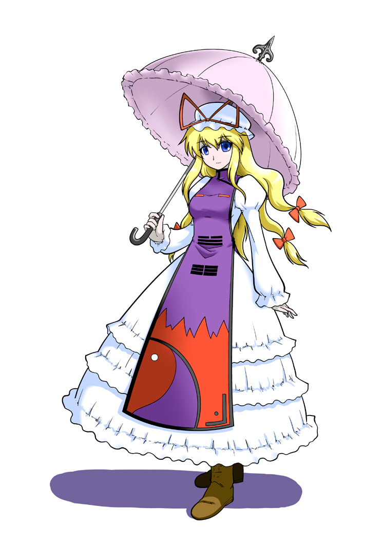 iwatobi hiro, yakumo yukari, touhou, 1girl, blonde hair, blue eyes, boots, female focus, full body, long hair, simple background, solo, umbrella