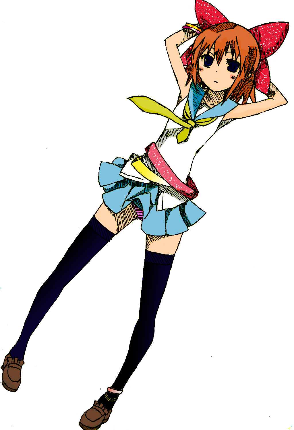 isago, sarin asa, original, highres, 1girl, armpits, blue eyes, blush, bow, brown hair, dutch angle, female focus, hair bow, looking at viewer, miniskirt, panties, pantyshot, pink panties, simple background, skirt, solo, thighhighs, underwear, white background, wind, wind lift, zettai ryouiki