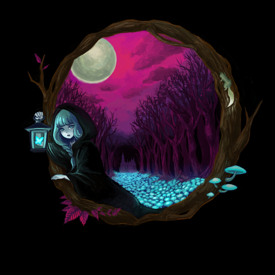 nona drops, bad id, bad pixiv id, braid, bug, butterfly, cloak, cloud, insect, lantern, moon, mushroom, night, red sky, sky, solo, squirrel, tree