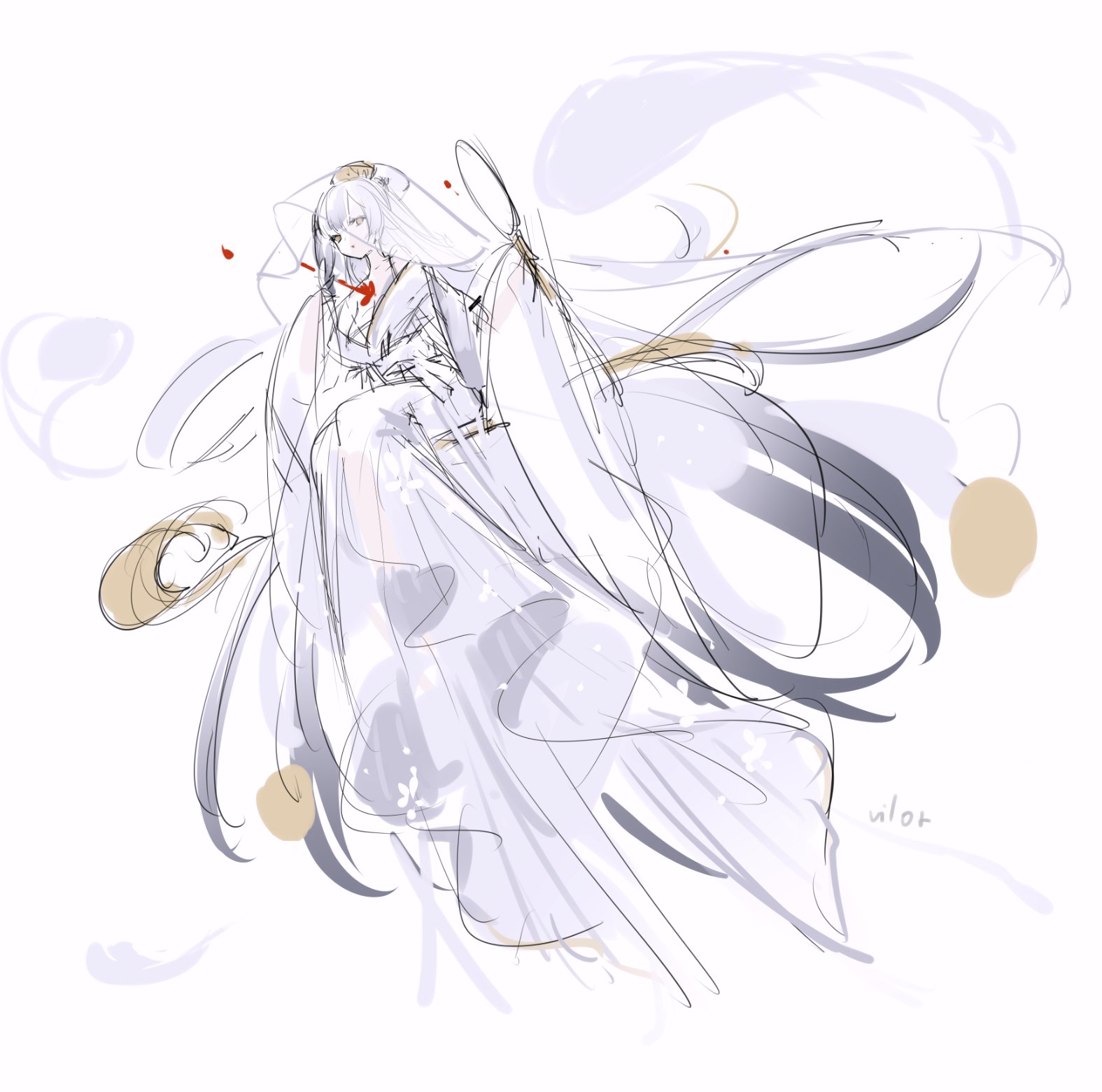 vilor, hai tien (azur lane), azur lane, commentary request, highres, 1girl, artist name, japanese clothes, kimono, long hair, long sleeves, looking at viewer, official artist extra, simple background, sketch, solo, very long hair, white background, white hair, white kimono, white theme, wide sleeves