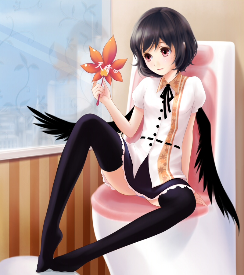 yori, yori (shitsuon), shameimaru aya, touhou, 1girl, black hair, black wings, feet, female focus, legs, looking at viewer, red eyes, short hair, solo, thighhighs, wings