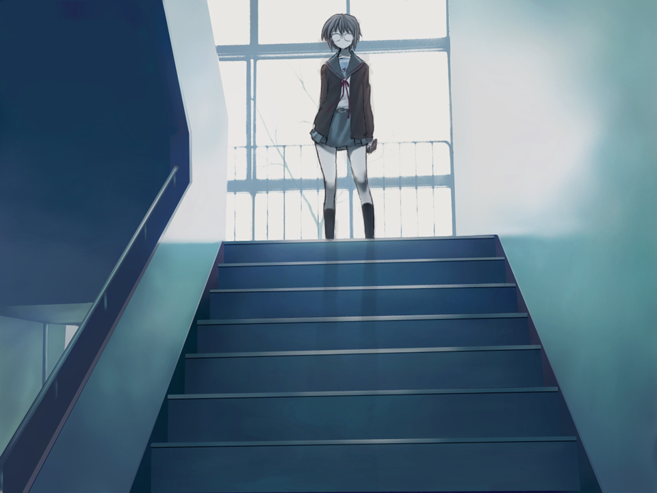 hirokiku, nagato yuki, suzumiya haruhi no yuuutsu, 00s, cardigan, glasses, school uniform, serafuku, solo, stairs, standing