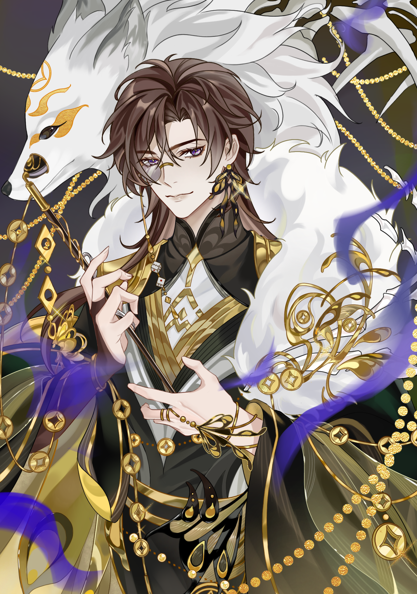 hua yi shanxin zhiyue, chinese commentary, highres, 1boy, beads, belt, black background, black bridal gauntlets, black cape, black hanfu, bracelet, bridal gauntlets, brooch, brown hair, butterfly earrings, cape, chinese clothes, closed mouth, coin, cowboy shot, curtained hair, dice, earrings, fox, fur-trimmed cape, fur trim, glint, gold belt, gold bracelet, gold coin, gold ring, gold trim, gongzi xiyu, hair between eyes, hand chains, hands up, hanfu, holding, holding smoking pipe, holed coin, jewelry, layered sleeves, lips, long hair, long sleeves, looking at viewer, male focus, monocle, official alternate costume, purple eyes, ring, see-through clothes, shirt, shoulder pads, side cape, sideways glance, simple background, single bridal gauntlet, smile, smoke, smoking pipe, solo, standing, two-sided sleeves, wen siyu, white shirt, wide sleeves