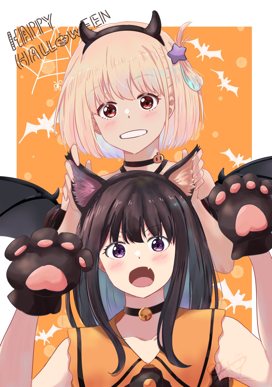 chai haru, inoue takina, nishikigi chisato, lycoris recoil, commentary, highres, 2girls, animal ear hairband, animal ears, animal hands, black choker, black hair, blonde hair, choker, fake animal ears, fake horns, gloves, hairband, happy halloween, horns, long hair, looking at viewer, multiple girls, one eye closed, open mouth, paw gloves, purple eyes, red eyes, short hair, sleeveless