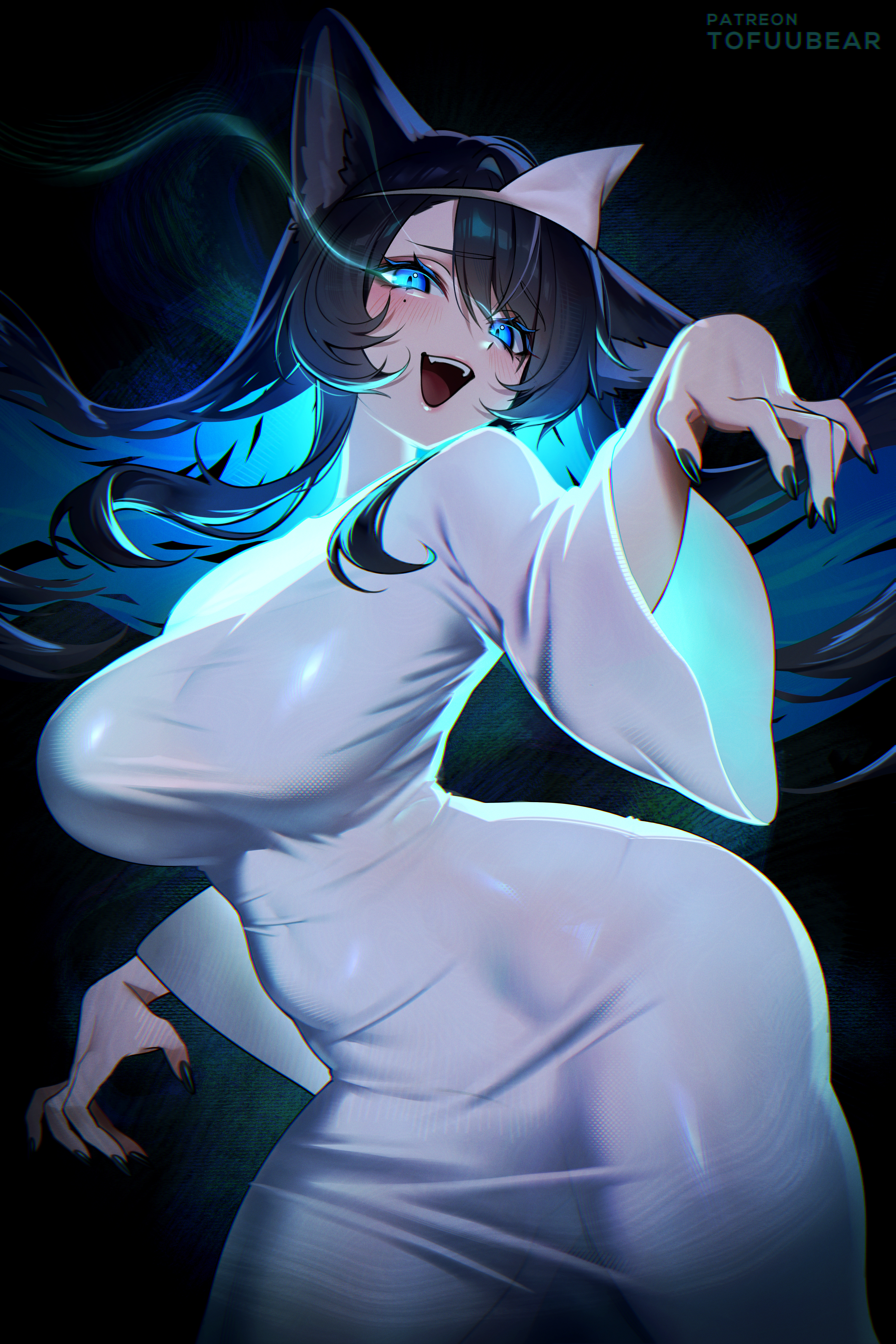tofuubear, reiko (tofuubear), original, absurdres, highres, 1girl, animal ears, black hair, blue eyes, blue hair, blush, breasts, colored inner hair, dress, fox ears, fox girl, ghost costume, large breasts, long hair, long sleeves, looking at viewer, multicolored hair, open mouth, smile, solo, white dress