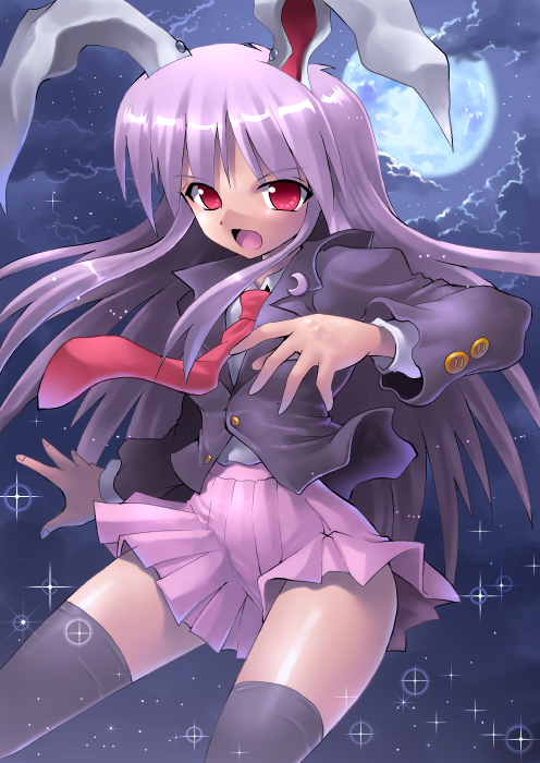 kurogarasu, reisen udongein inaba, touhou, 1girl, animal ears, blazer, female focus, jacket, long hair, moon, necktie, night, pleated skirt, purple hair, rabbit ears, red eyes, red necktie, skirt, solo, thighhighs
