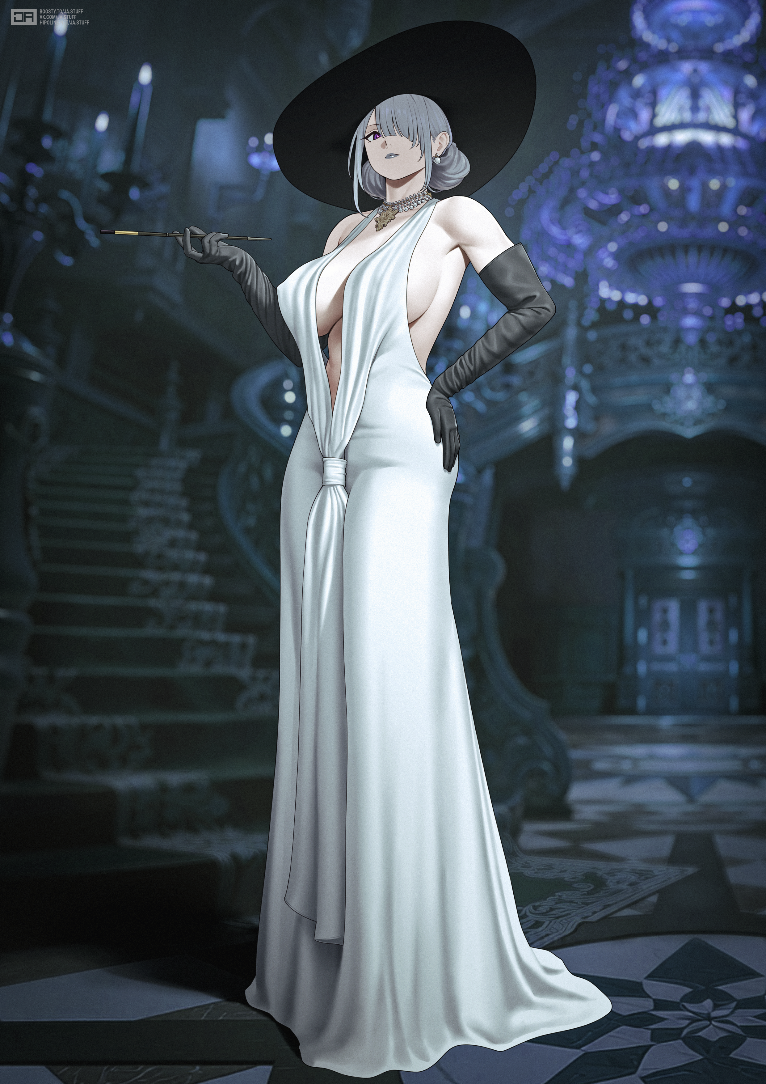 j adsen, ak-15 (girls' frontline), girls' frontline, absurdres, commentary request, highres, 1girl, bare shoulders, black gloves, blurry, blurry background, breasts, cleavage, dress, earrings, elbow gloves, folded hair, from below, gloves, grey hair, hair over one eye, halterneck, hand on own hip, hat, holding, holding smoking pipe, indoors, jewelry, large breasts, long dress, necklace, sleeveless, sleeveless dress, smoking pipe, solo, stairs, white dress