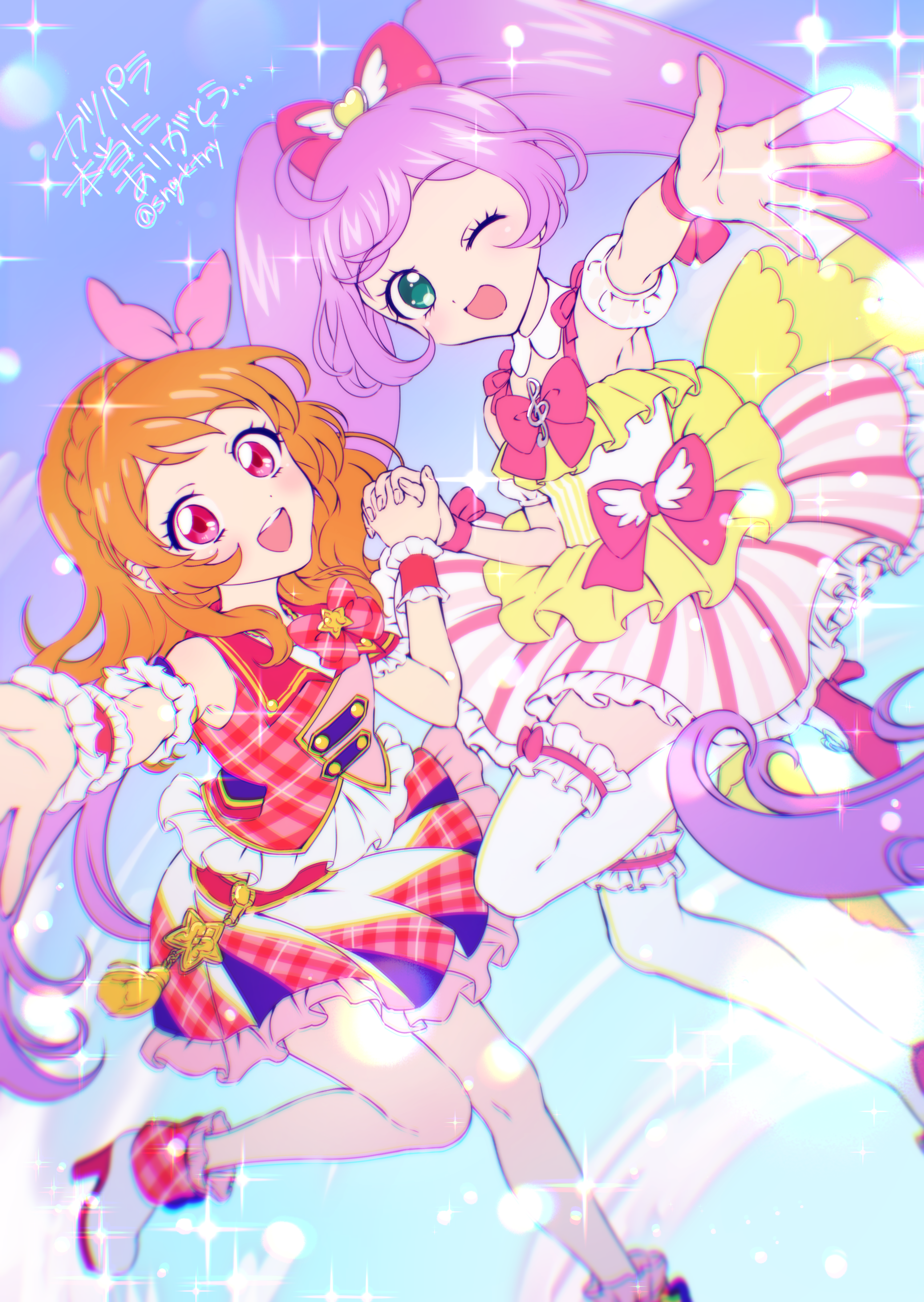 sengokutoroya, manaka laala, ozora akari, aikatsu!, aikatsu! (series), pretty series, pripara, absurdres, commentary request, highres, translation request, 2girls, :d, ;d, ahoge, aikatsu! x pripara the movie -deai no kiseki!-, blue background, boots, bow, chromatic aberration, crossover, dress, frilled dress, frilled skirt, frilled thighhighs, frills, green eyes, hair bow, high heel boots, high heels, holding hands, long hair, looking at viewer, multiple girls, one eye closed, open mouth, orange hair, outstretched arm, pink bow, pleated skirt, purple hair, reaching, reaching towards viewer, red shirt, red skirt, shirt, short dress, skirt, sleeveless, sleeveless shirt, smile, sparkle, standing, standing on one leg, thighhighs, twintails, very long hair, white boots, white thighhighs