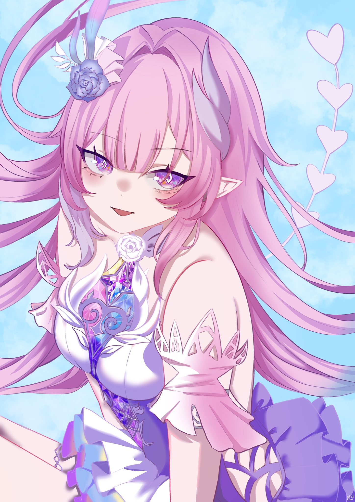 cyrene (honkai: star rail), cyrene (ripples of past reverie) (honkai: star rail), honkai: star rail, honkai (series), hashtag-only commentary, highres, 1girl, alternate breast size (smaller), bare shoulders, blue background, breasts, detached sleeves, diamond-shaped pupils, diamond (shape), dress, flower, hair flower, hair ornament, long hair, looking at viewer, parted lips, pink hair, pointy ears, purple eyes, small breasts, solo, symbol-shaped pupils, very long hair, white dress, youge 0917