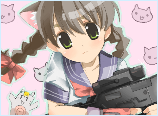 uya (munyu), milly (paperman), paper man, 1girl, :<, animal ears, assault rifle, braid, brown hair, cat, cat ears, female focus, green eyes, gun, head tilt, long hair, rifle, school uniform, serafuku, solo, twin braids, weapon