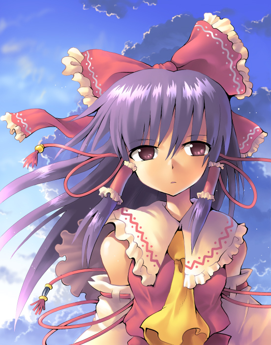 kurogarasu, hakurei reimu, touhou, 1girl, detached sleeves, female focus, hair ribbon, japanese clothes, miko, outdoors, ribbon, sky, solo