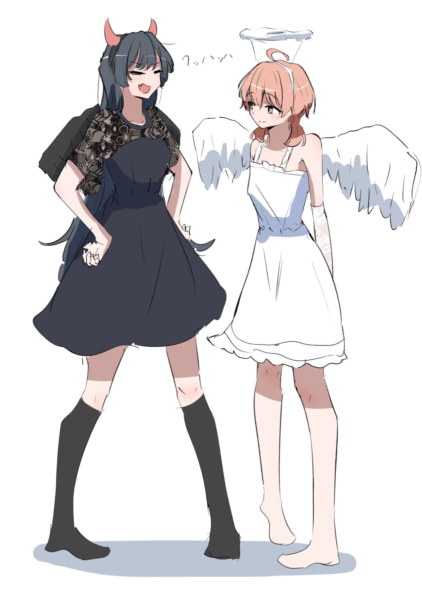 koito yuu, nanami touko, yagate kimi ni naru, commentary request, highres, 2girls, ahoge, angel wings, barefoot, black dress, black hair, black socks, blush, dress, fake halo, fake horns, fang, halo, horns, kneehighs, long hair, low twintails, medium hair, multiple girls, no shoes, nobunaga (nbng g), open mouth, orange eyes, orange hair, short hair, short twintails, skin fang, socks, twintails, white dress, wings