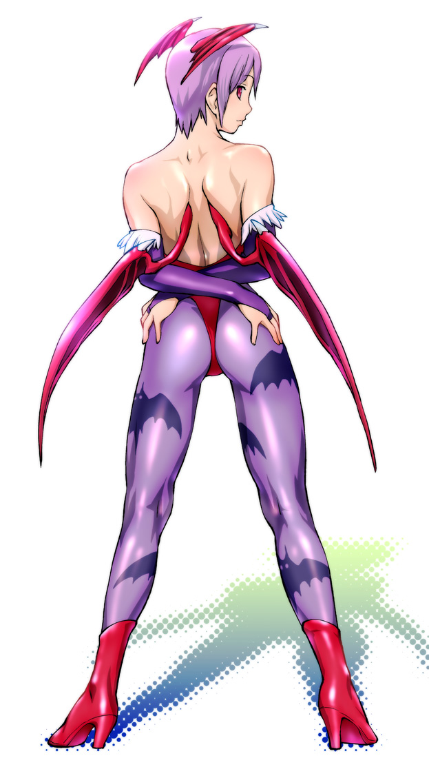 ueyama michirou, lilith (darkstalkers), capcom, darkstalkers, 1girl, animal print, artistic error, ass, back, bat print, bat wings, bridal gauntlets, demon girl, female focus, from behind, head wings, high heels, leotard, looking back, panties, pantyhose, print pantyhose, purple hair, red leotard, shoes, short hair, solo, thong, underwear, wings