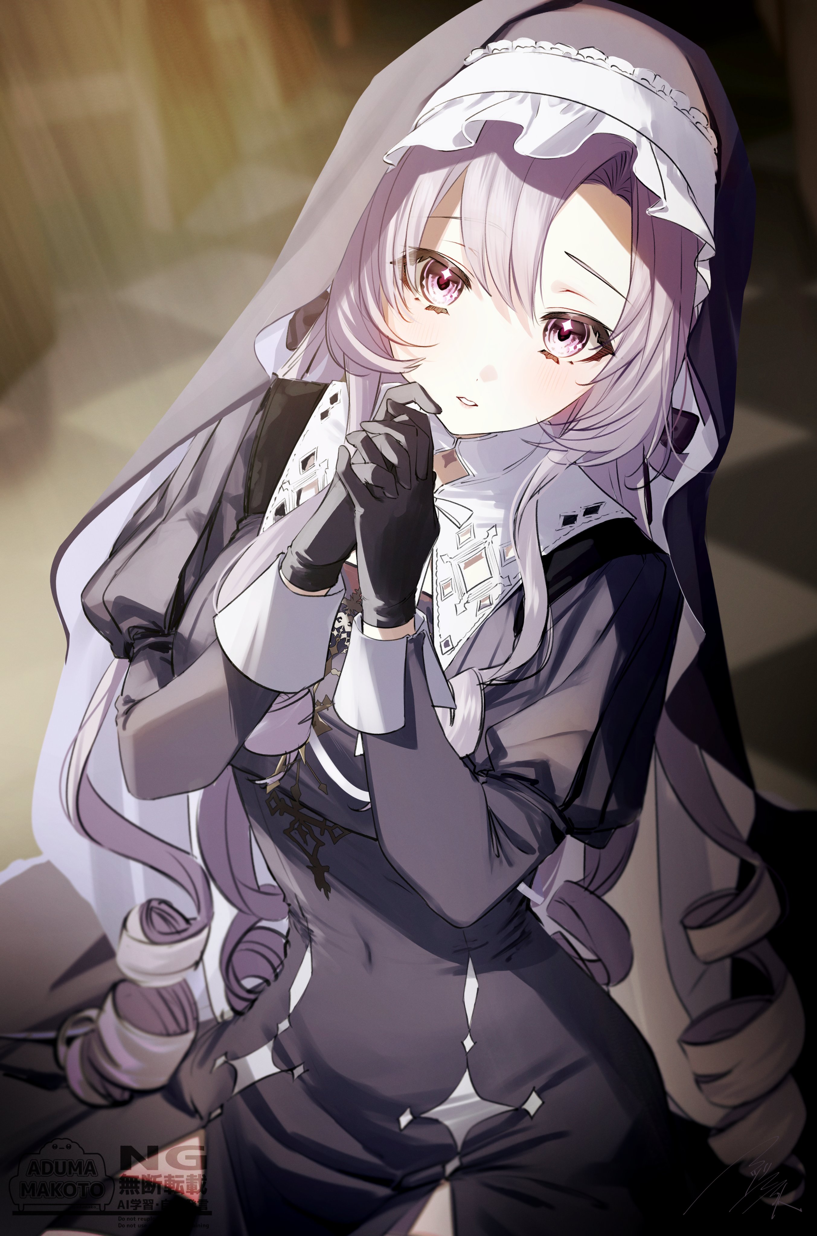 asazuke25, hyakumantenbara salome, nijisanji, absurdres, highres, 1girl, black dress, black gloves, black veil, blurry, blurry background, depth of field, dress, frills, gloves, grey eyes, grey hair, guimpe, hyakumantenbara salome (4th costume), indoors, juliet sleeves, long hair, long sleeves, looking at viewer, nun, official alternate costume, own hands clasped, own hands together, puffy sleeves, ringlets, sidelocks, sleeve cuffs, solo, veil, virtual youtuber, watermark